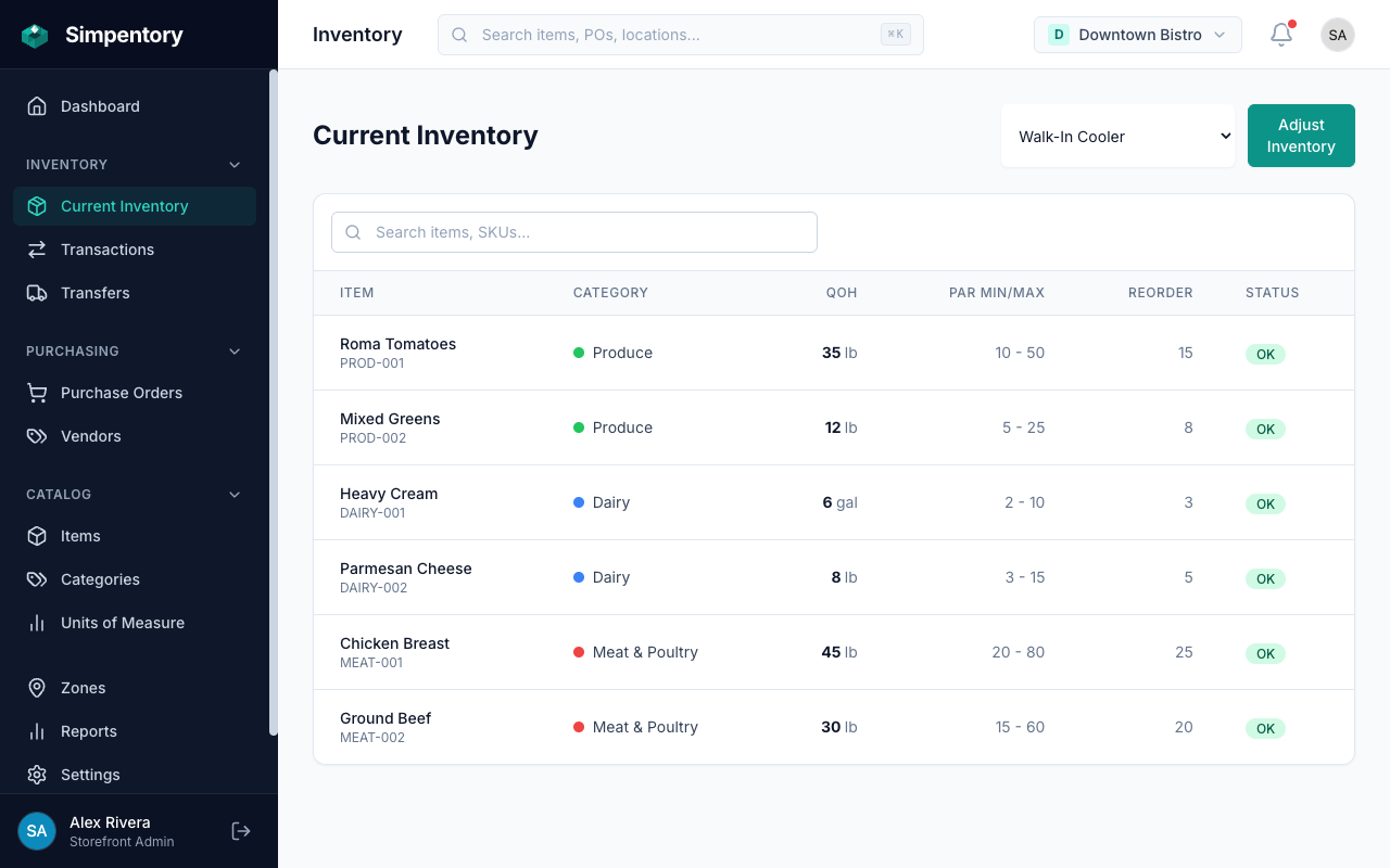Simpentory inventory screen showing Walk-In Cooler items for a restaurant, with categories, quantities, PAR levels, and reorder status