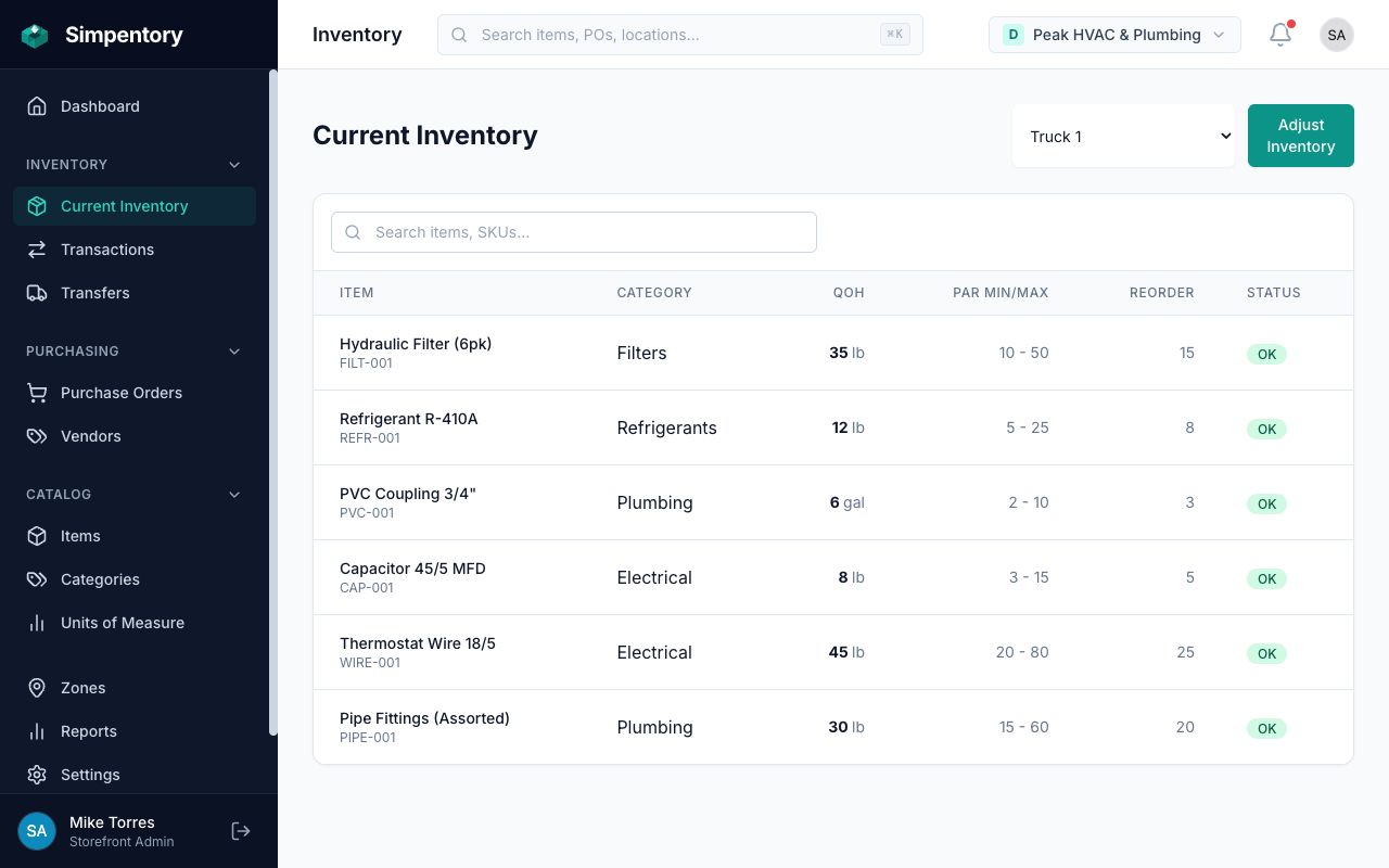 Simpentory inventory screen showing Truck 1 parts and supplies for an HVAC and plumbing company, with categories, quantities, PAR levels, and reorder status